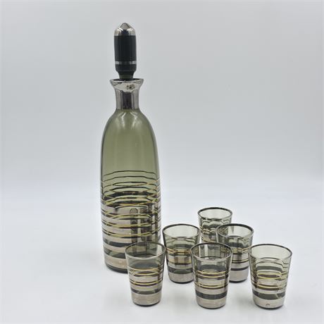 Art deco smoked glass decantur and cordial glasses set