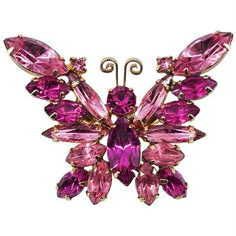 Unsigned Vintage Juliana D&E Hot Pink Rhinestone Butterfly Brooch