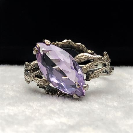 Vintage Sterling Silver Amethyst Marquise Solitaire Ring