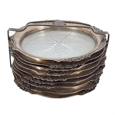 Sterling Silver and Crystal Coasters with Caddy