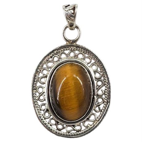 Vintage Sterling Silver Filigree & Tiger's Eye Pendant