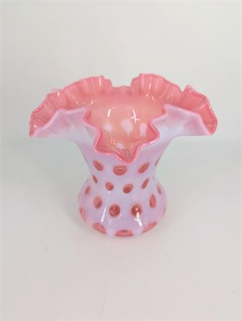 Large Fenton Coin Dot Cranberry Opalescent Pink Ruffled Vase - Unmarked