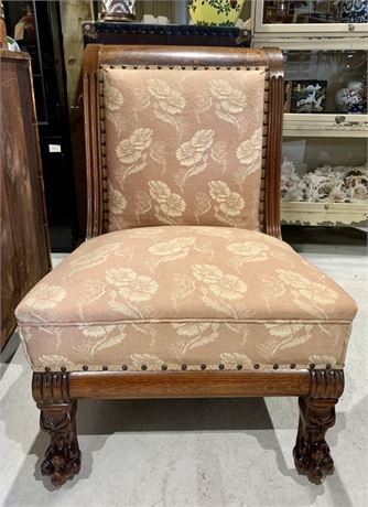 Antique Victorian Tiger Oak Paw Foot Upholstered Slipper Chair