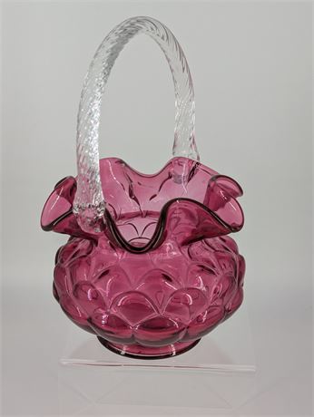 Fenton Art Glass Basket Cranberry Pink w/Clear Handle