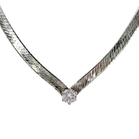 925 Sterling Silver Italy Herringbone 'V' Necklace with Cubic Zirconia Stone