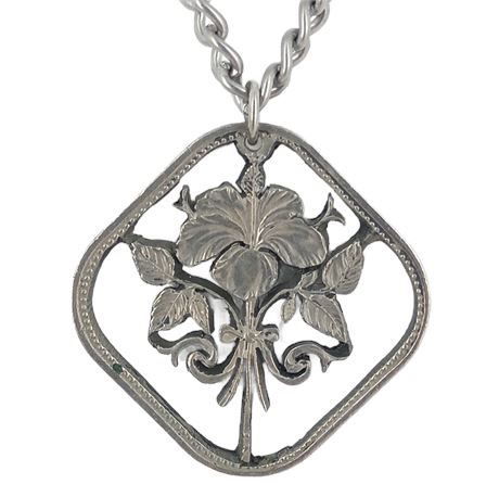 Lone Rainbow Silver-Tone Openwork Hibiscus Pendant Necklace