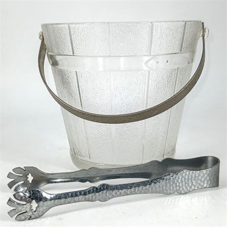 Vintage Frosted Indiana Glass Ice Bucket with Metal Tongs