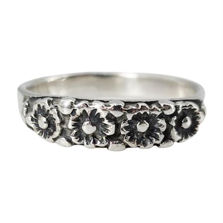 Vintage Sterling Silver Floral Band Ring, Sz 5