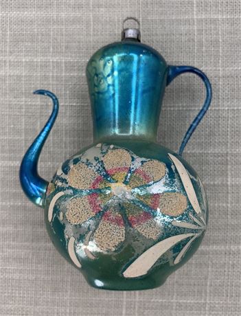 Mid Century European Peacock Blue Glass Teapot Holiday Tree Ornament