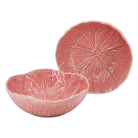 Two Vintage Bordallo Pinheiro San Raphael Cabbage Pink Coupe Soup Bowls