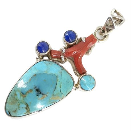 Sterling Silver Multi-Stone Pendant – Turquoise, Coral & Lapis