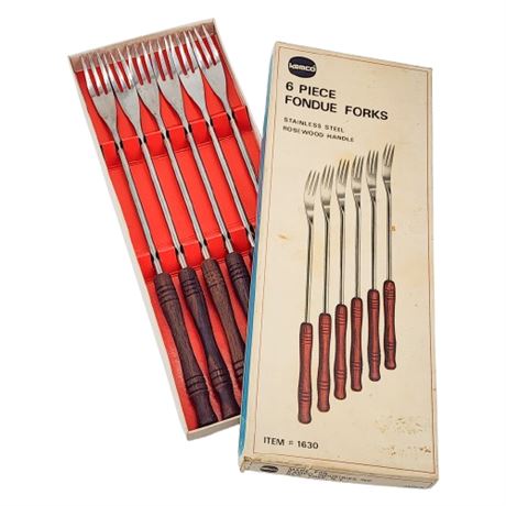 Vintage Kamco 6 Piece Stainless Steel & Rosewood Fondue Forks