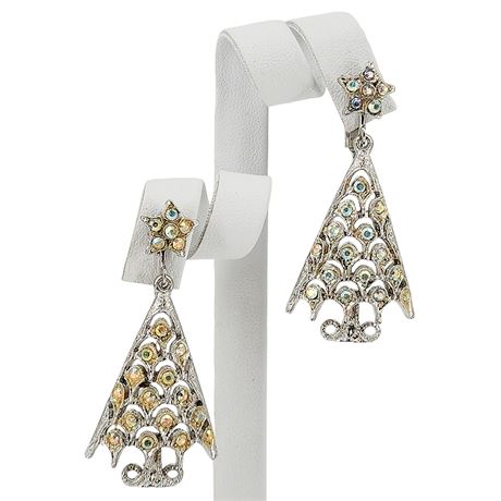Vintage MYLU Aurora Borealis Rhinestones Christmas Tree Clip Earrings