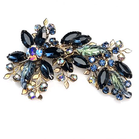 Gorgeous Multi-Dimensional Molded Blue Rhinestone Floral Spray Brooch