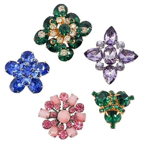 Five Vintage Colorful Rhinestone Brooches