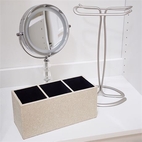 3 Piece Bathroom Lot: Hand Towel Rack, Lighted Makeup Mirror, Glitter Organizer