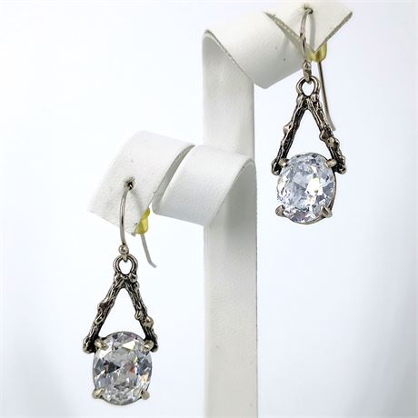 Sterling Silver Drop Earrings with Faceted Clear Stone – 925 Marked