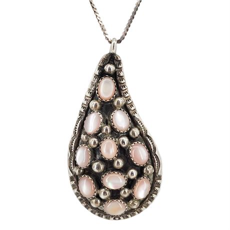 Vtg Native American Sterling Silver Mother of Pearl Paisley Pendant Necklace