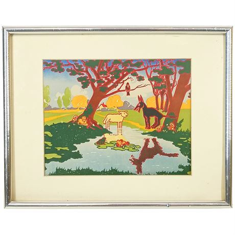 Mid Century Folk Art Style Serigraph Print with Woodland Animal Scene