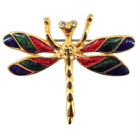Vintage Rhinestone Eyes Enamel Dragonfly Brooch