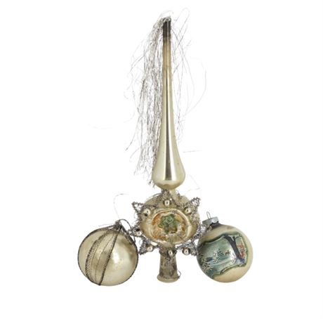 Antique Tinsel Tree Topper, West Germany, Wire Wrapped Ornaments