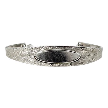 Vintage Silver Tone Swirl Texture ID Cuff Bracelet w/ Chain Back