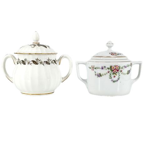 Vintage Porcelain Covered Sugar Bowls Floral Gold Trim, Lot of 2, Cottage