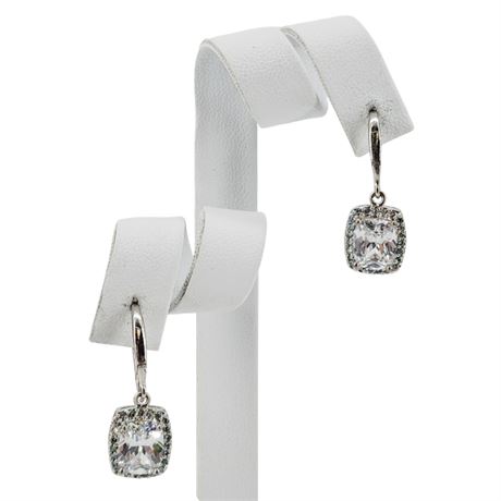 Signed RSE Silver Tone CZ Halo Earrings, Flawed