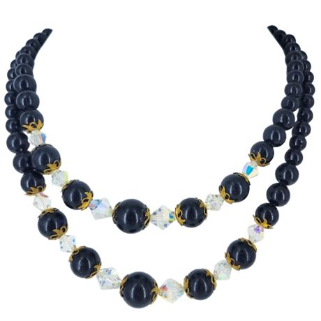 Vintage Double Strand Black and Aurora Borealis Beaded Necklace