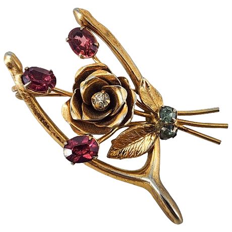 Vintage CORO Wishbone Flower & Rhinestone Brooch