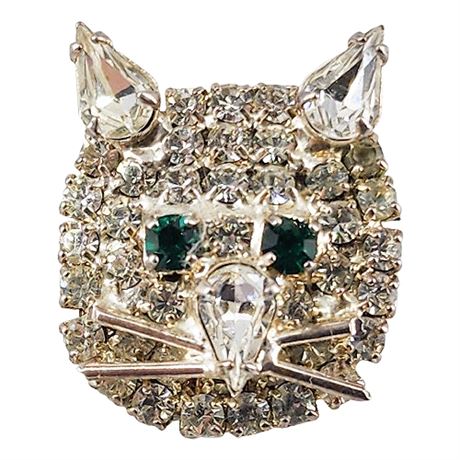 Vintage Prong Set Rhinestone Mini Cat Head Brooch