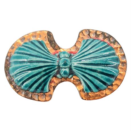 Vintage Hammered Copper & Scalloped Ceramic Shells Brooch