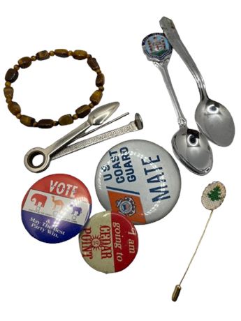 Misc collection, political pins, spoons lot