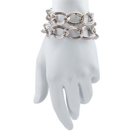 Vtg MONET Wide Double Chain Link Silver Tone Bracelet