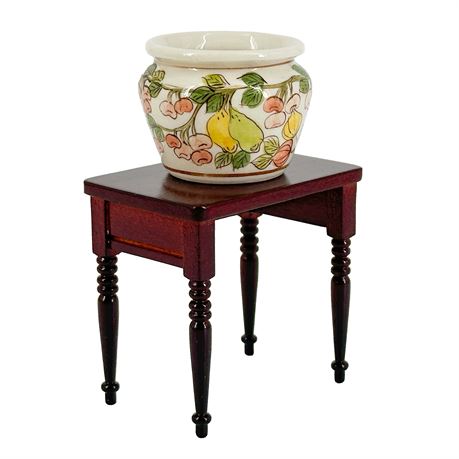 Miniature 1:12 Dollhouse Scale Mahogany Side Table & Hand-Painted Ceramic Vase