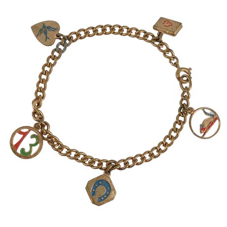 Lucky Charm Story Bracelet – Vintage Gold Tone Chain with Enamel Good Luck Charm