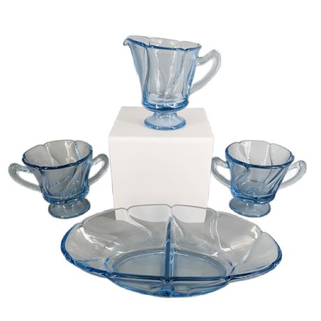 Set 4 - Fostoria Blue Jamestown Blue Glass Creamer, 2-Sugar Bowls, Relish Dish