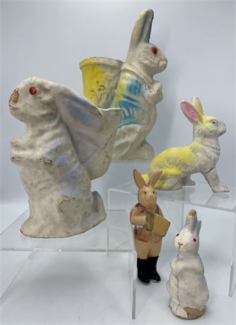 5 pc Old Papier-mâché Easter Rabbit Candy Containers, Plastic Japan Bunny