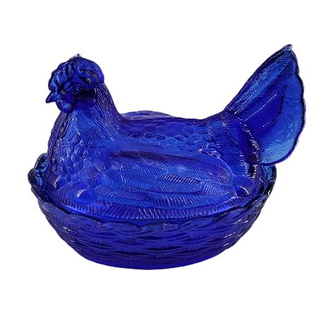 Cobalt Blue Covered Hen on Basket Candy Dish