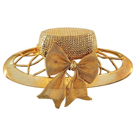 Vintage Gold Tone Hat w/ Bow Brooch