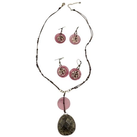 Purple and Green Necklace with Two Pair of Matching Earrings