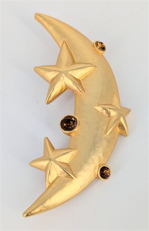 Gold tone Moon and Stars Faux Brown GemstoneBrooch/ Pin