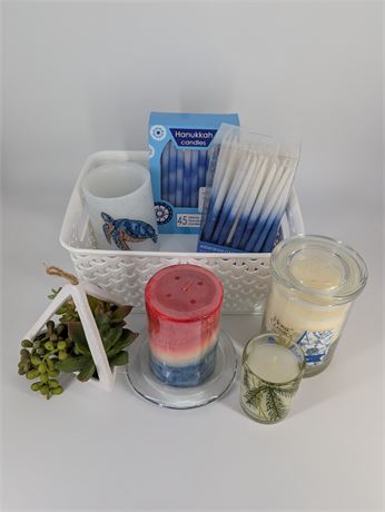 Lot Candles + Faux Candle (turtle - battery), faux plant