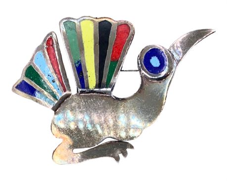 925 Peruvian Inlaid Sterling Silver Bird Brooch
