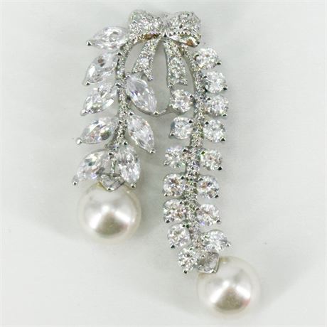 Vintage Silver-Tone & Crystal Bow Brooch