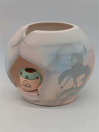 Vtg American Indian Pottery Handmade Signed Pink Turquoise pot vase
