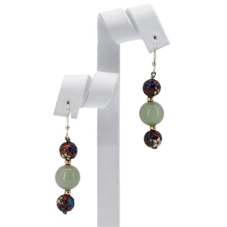 Vtg Cloisonné & Jade Bead Earrings
