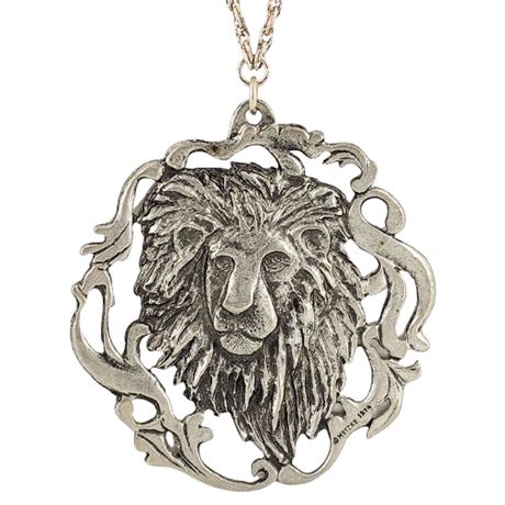 Vintage 1974 Metzke Pewter Lion Leo Zodiac Medallion Necklace