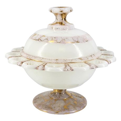 Anchor Hocking 'Old Colony' Milk Glass Compote & Lid, Hand Marbled