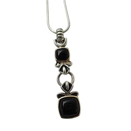 ROSS-SIMONS Sterling Silver Onyx Pendant Necklace, 14K Gold Detail, 18" Chain